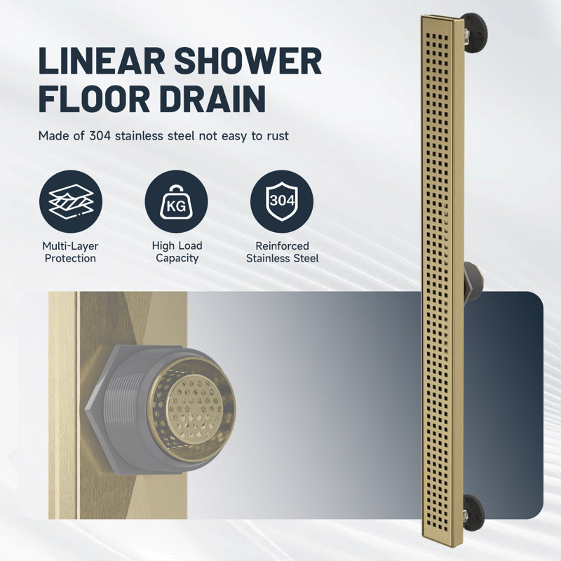 32 In. Stainless Steel Linear Shower Drain With Square Pattern Drain Cover, Brushed Gold