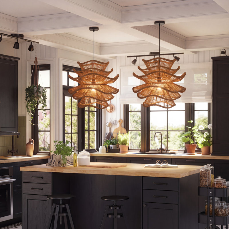 1-Light Pendant Lights Brown Flower Rattan, 19.68" H x 19.68" W x 19.68" D