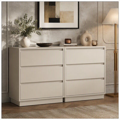 Grand ensemble de 2 commodes à 3 tiroirs, table de chevet moderne pour chambre à coucher, table de chevet large avec système coulissant dissimulé, commode en bois pour le salon, vestibule, beige