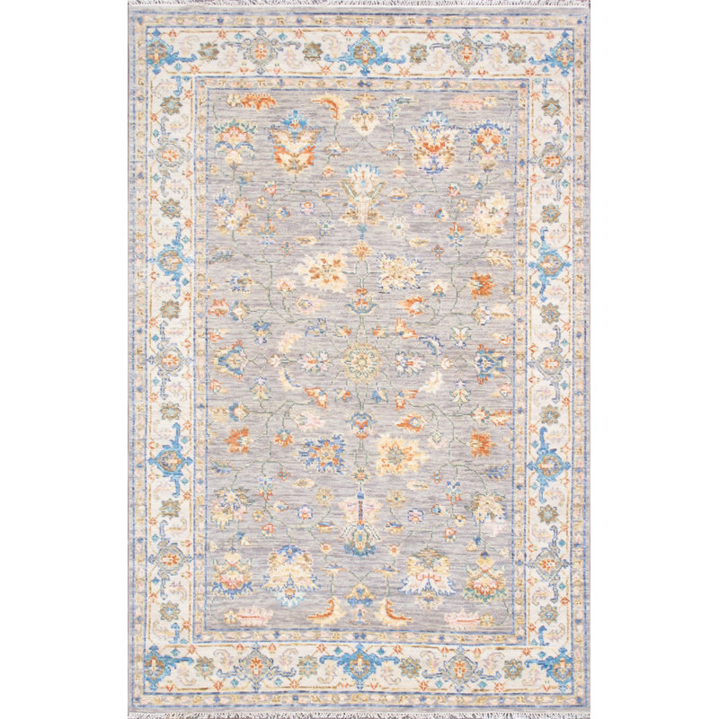 Tapis oriental gris / crème / bleu en laine / coton 6 pi x 9 pi 2 po Oriental