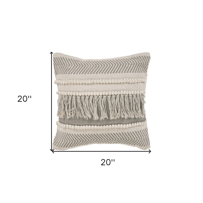 Beige and Ivory Chevron Cotton 20" Square Pillow with Fringe