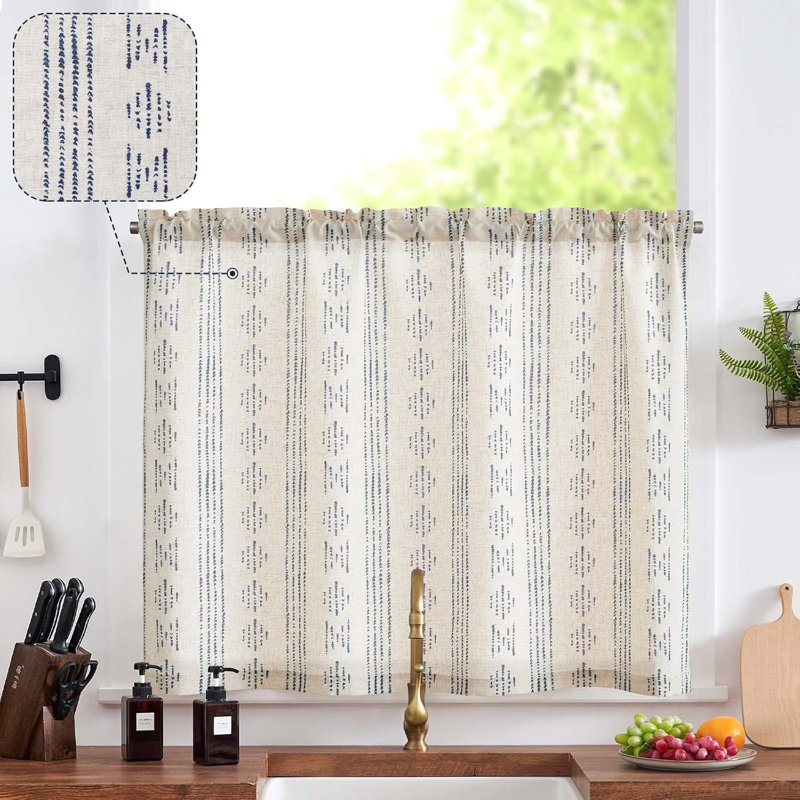Rideau de cuisine Boho Linen, Bleu / Beige, L 50 po x L 24 po