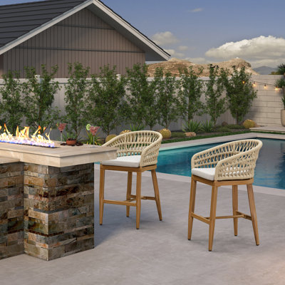 Purplr Leaf Patio Counter Hight Stools Chair Set Of 2, Rattan And Aluminum Frame With Comfortable Cushion by Bay Isle Home