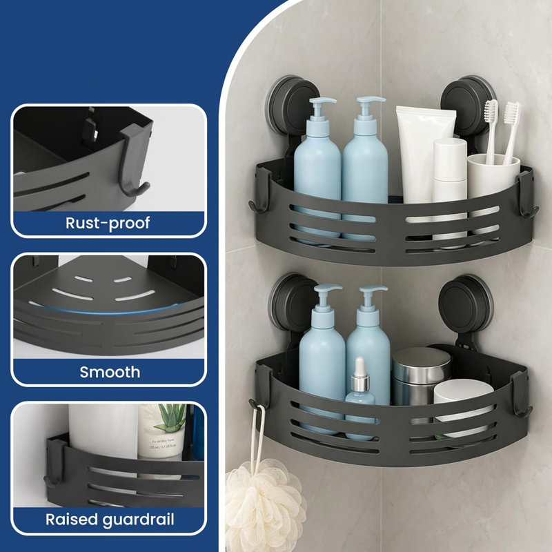 Grey Corner Shower Caddy, 2-Pack Suction Cup, Shower Caddy with Hooks, No Drilling, Bathroom Organiser
