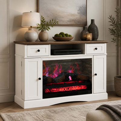 Meuble télé avec foyer électrique 71 cm, console multimédia avec étagères réglables et double porte, centre de divertissement pour téléviseurs jusqu'à 140 cm, meuble télé d'appoint pour salon ou chambre, blanc