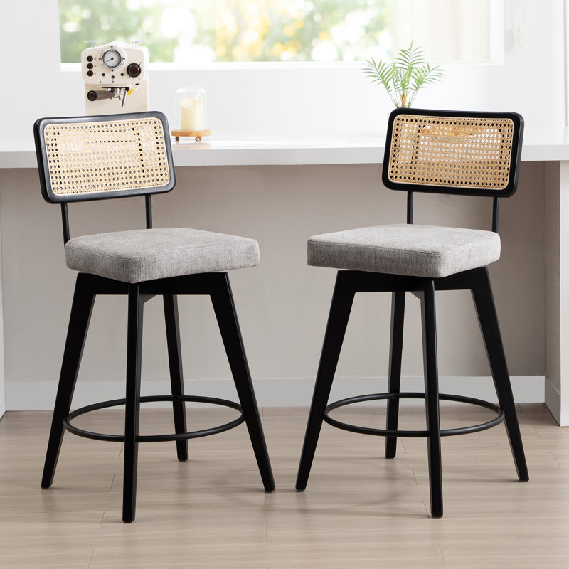 Uniondale Swivel Linen Upholstered 26.2'' Counter Stool with Rattan Cane Back and Solid Wood Frame
