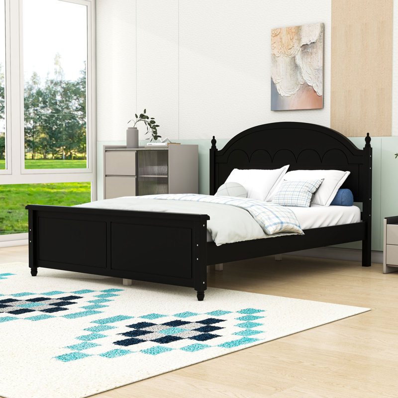 Lit plateforme en bois avec tête de lit arquée, Noir, Grand lit