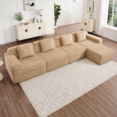 Modern Modular 4 Seat L Shape Boneless Sectional Sofa With Deep Seating, Throw Pillows And A Movable Ottoman For Ultimate Comfort And Versatility