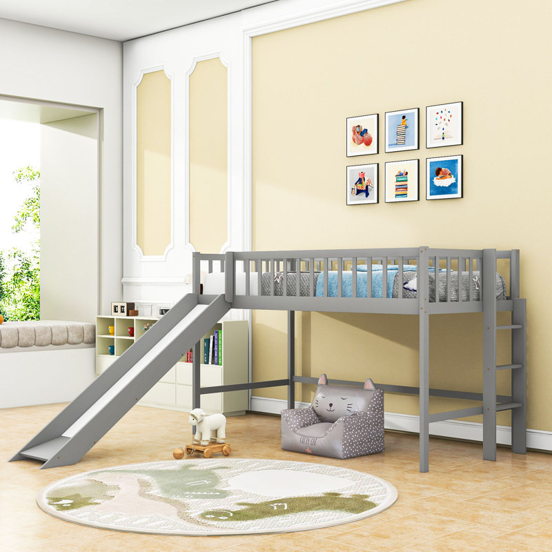 Lit mezzanine simple en bois avec glissoire et échelle, Gris
