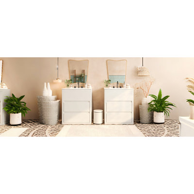 Meuble-lavabo double 60 po, deux comptoirs en céramique inclus, conception de déversement, tiroir pleine extension, finition brillante, convient aux plans de redécoration, évier à montage en douceur, pré-comptoir
