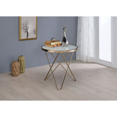 Theydon Contemporary 22"Dia Round Glass Cross Legs End Table in Champagne