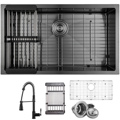 Évier de cuisine à simple cuve en acier inoxydable noir mat avec robinet encastrable 32 po x 18 po Undermount