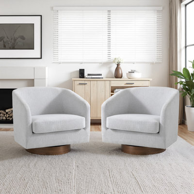 Applewold Upholstered Beige Chenille Swivel Barrel Chair with Solid Wood Base