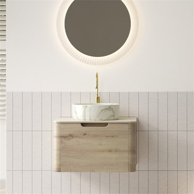 24" Bathroom Vanity With Sink, Floating Plywood Storage Cabinet With Drawer, Ceramic Basin With Stone Pattern And Travertine-Pattern Sintered Stone Top, Pre-Assembled