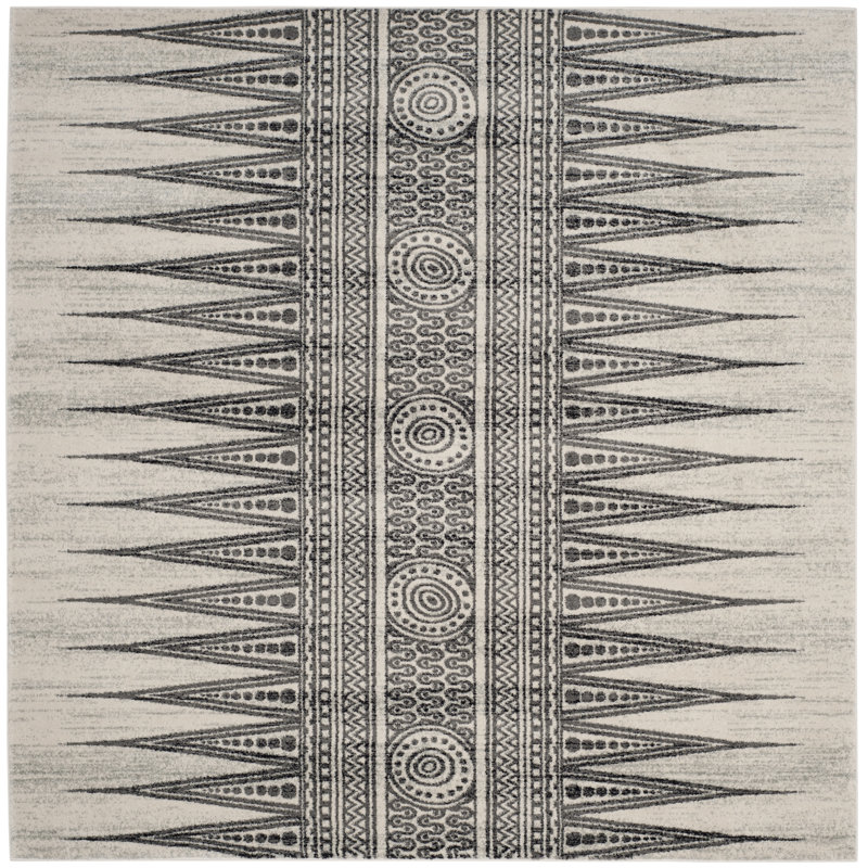 Ivory and Grey High Pile Synthetic Square Area Rug