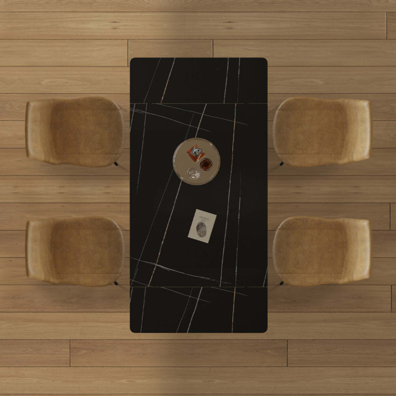 Ensemble de table de salle à manger rétractable en pierre frittée, il présente une conception rectangulaire moderne, avec des pieds de table en acier au carbone et une structure à pieds croisés au bas. (Table + 4 chaises)