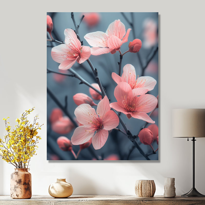  «Fleur de cerisier monochrome dans le vent IV - Art mural fleur de cerisier, Toile tendue, H 34 po x l 44 po