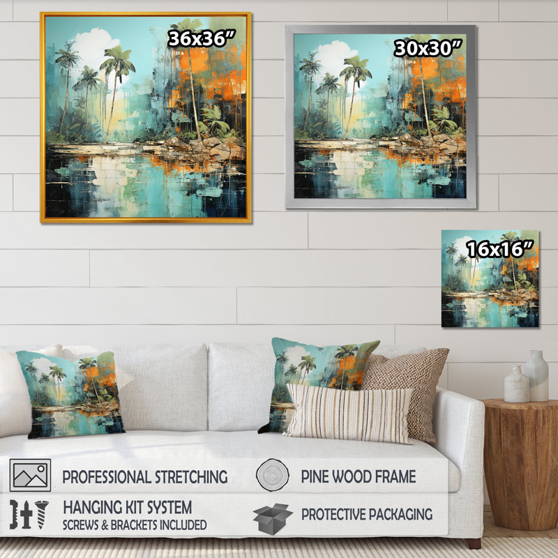«Tropical Jungle River III» - art mural bord de mer tropical, Cadre flottant doré, H 30 po x l 30 po
