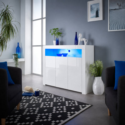 Aube White 3 Door Sideboard Storage Cabinet Buffet with Lights . Glossy 