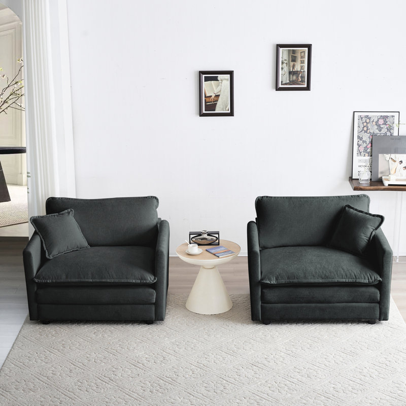 Chaise d'appoint (2 pièces), revêtement en chenille grise, bois massif, fauteuils de salon confortables avec coussin 2, structure en bois massif, taie décorative confortable