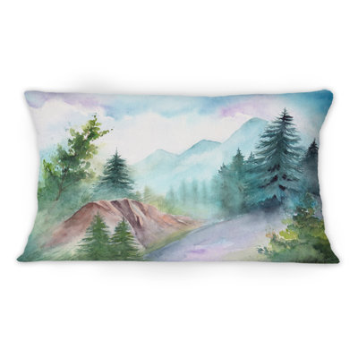 Paysage avec chemin forestier et montagnes lointaines - Coussin 1