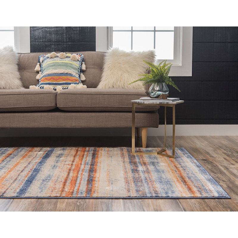 Tapis rayé bleu / orange / beige Aldana, Rectangle 4 pi x 6 pi