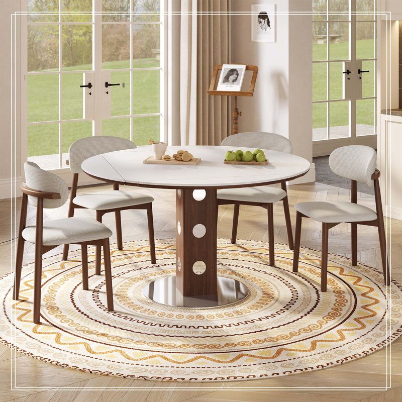 Table de salle à manger ronde extensible multifonctionnelle 47,2 po pour 4 à 6 personnes, table de cuisine pliante avec abattant, plateau en pierre frittée blanche et colonne en bois de noyer, peu encombrante pour les petits appartements, assemblage facile