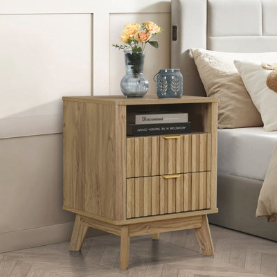 Fluted Set Of 2 Fluted 2 Drawer Nightstand, Bedside Table With Storage Drawers, Night Stand For Bedroom, End Table Or Side Table For Living Room, 15.7" D X 18.9" W X 24" H, Oak