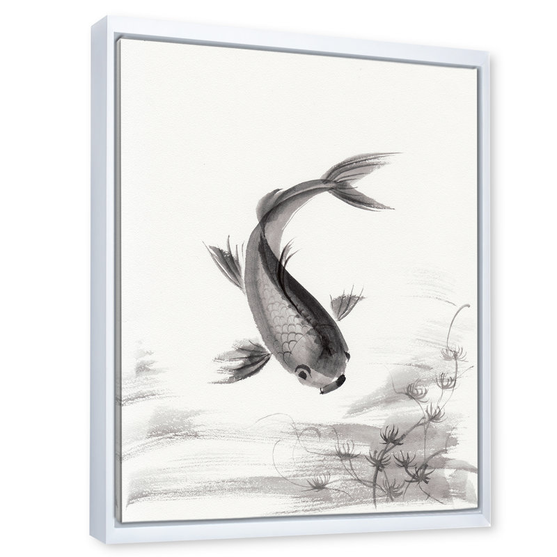 " Monochrome Vintage Fish I " Painting Print, White Framed Canvas, 32" H x 24" W x 1" D