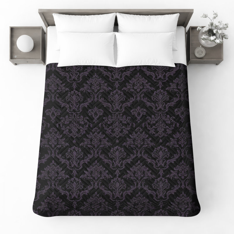 Couvre-lit matelassé à motif damassé mauve, Grand lit