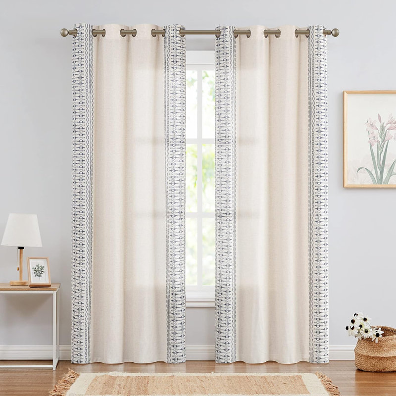 Paire de rideaux semi-transparents en lin Kidist, Bleu / Beige, L 50 po x L 95 po