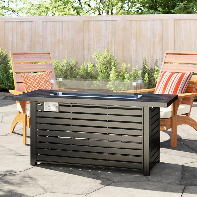 24" Steel Propane Fire Pit Table With Cover - Create A Warm And Inviting Outdoor Setting. Construction, Neutral Tone. Slatted Base For Airy Ambiance. Fireplace Lid, Cover, Lava Rocks, Glass Beads.