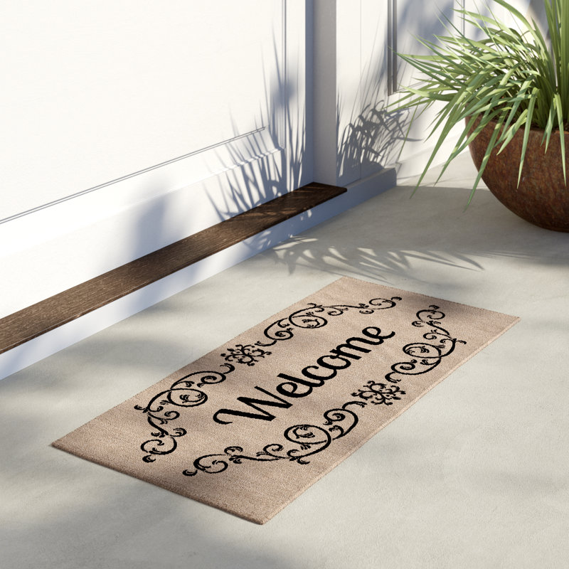 Beige and Black Rubber Outdoor Welcome Mat with Scroll Design