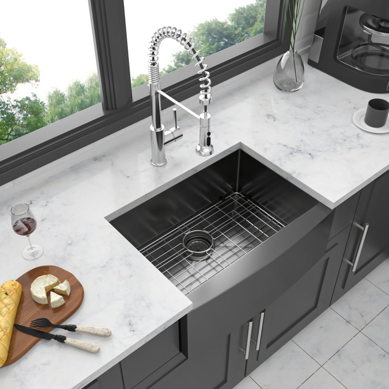 Gunmetal Black Stainless Steel 24" Sink - Apron Front Kitchen 16 Gauge, Trace, And Long-Lasting, , X-Shaped Drain Guide For Smooth Flow, R10 Rounded Corner, Includes Rack, Bottom Rinse Grid,