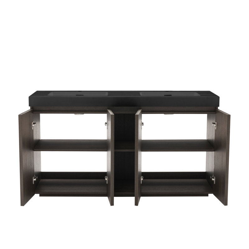 Meuble-lavabo autoportant en chêne fumé avec lavabo GALAN60F, Black