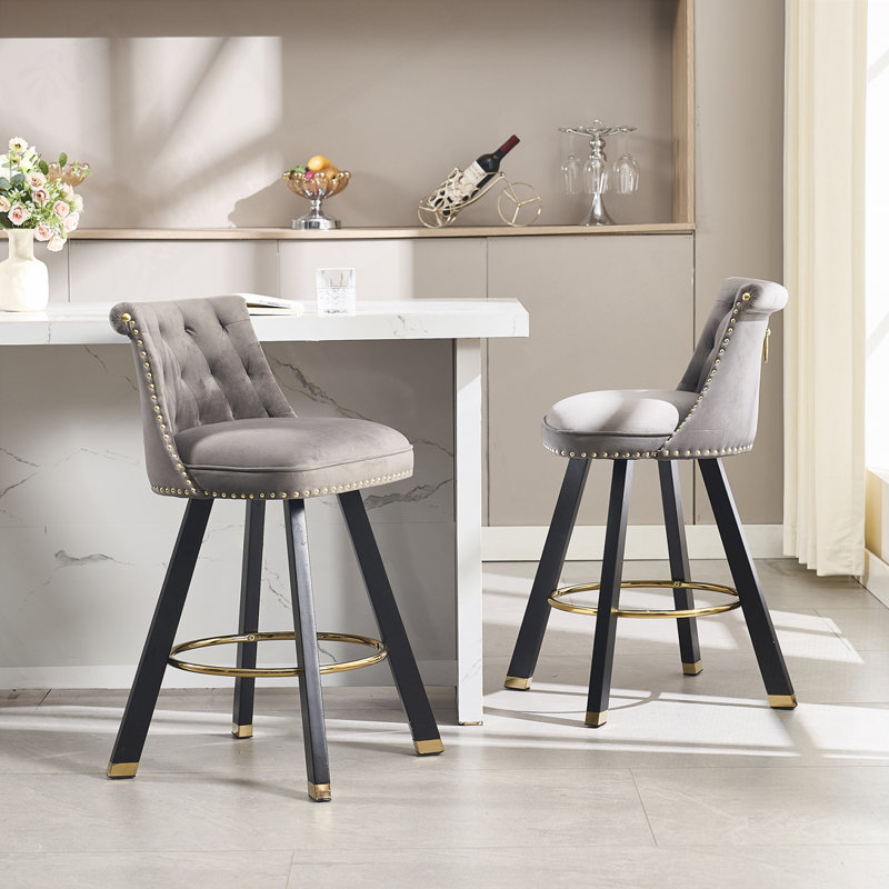 Velvet Upholstered Barstools set of 2, Dark Gray