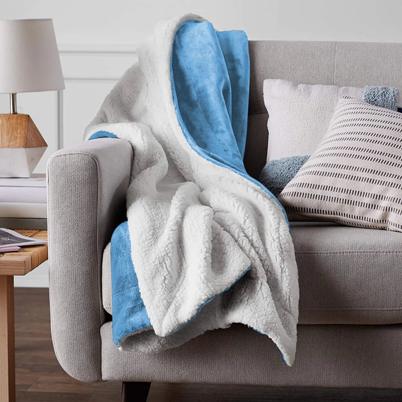 Super Soft Sherpa Fleece Fur Thick Dual Sided Flannel Reversible Blanket Throw, Sky Blue, King 200cm x 240cm