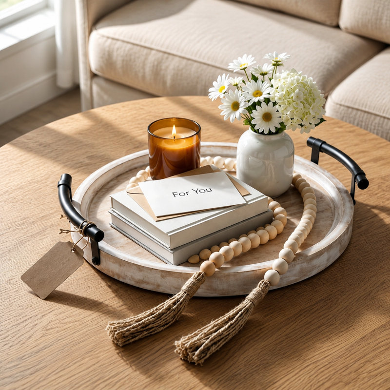 13" Round Decorative Wood Tray With Handles Whitewashed Farmhouse Home Decor