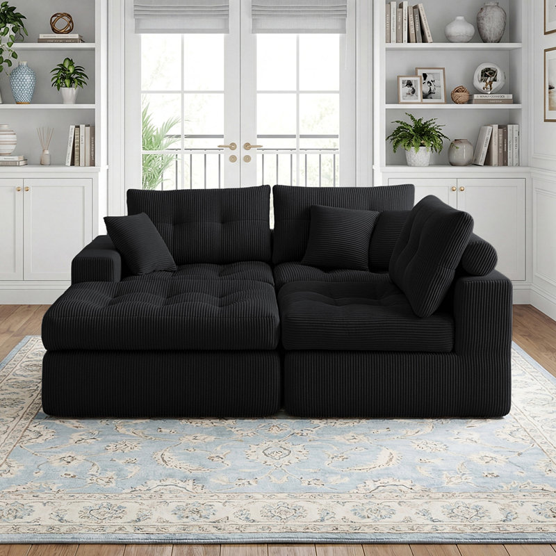 Canapé convertible en coin avec méridienne à compression Corduroy, canapé modulaire en L avec éponge haute densité, canapé convertible sans assemblage requis