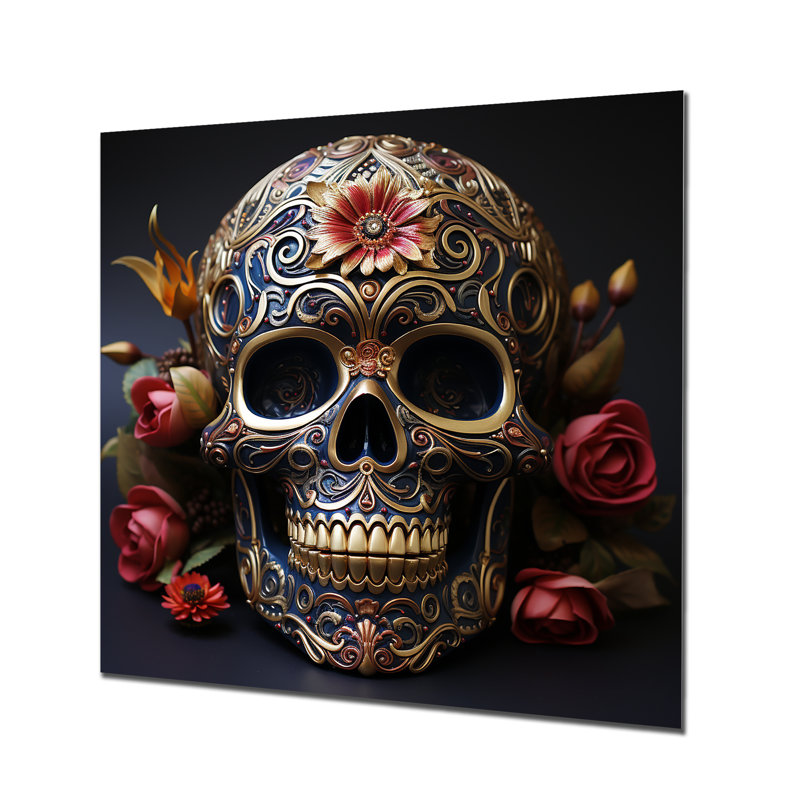 Or floral, crâne mexicain II - art mural Skullmetal, H 36 po x l 36 po x P 1,5 po