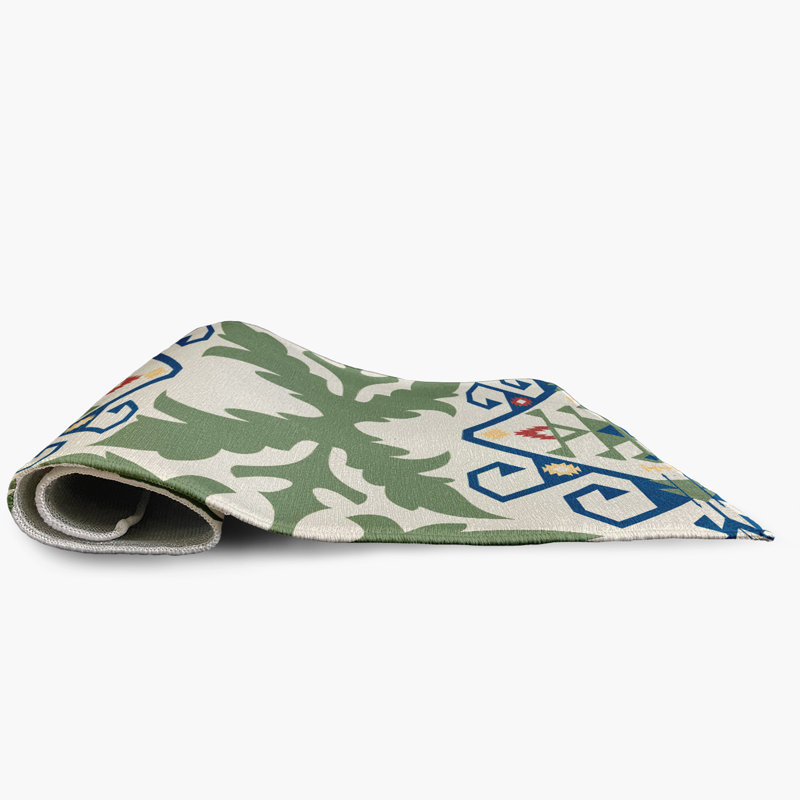 Tapis en chenille tissé à la machine Melchior en vert / blanc / bleu, Rectangle 2 pi x 3 pi