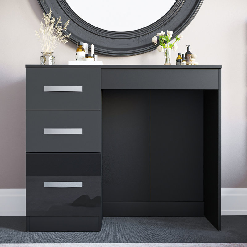 Arkadij 3 Drawer High Gloss Dressing Table, Bedroom Vanity Desk, Black