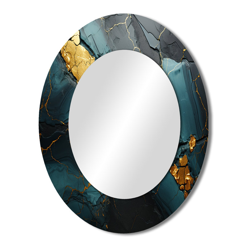 Gold And Green Abstract Marble Aura II - Modern Oval Wall Mirror, 43" x 33"