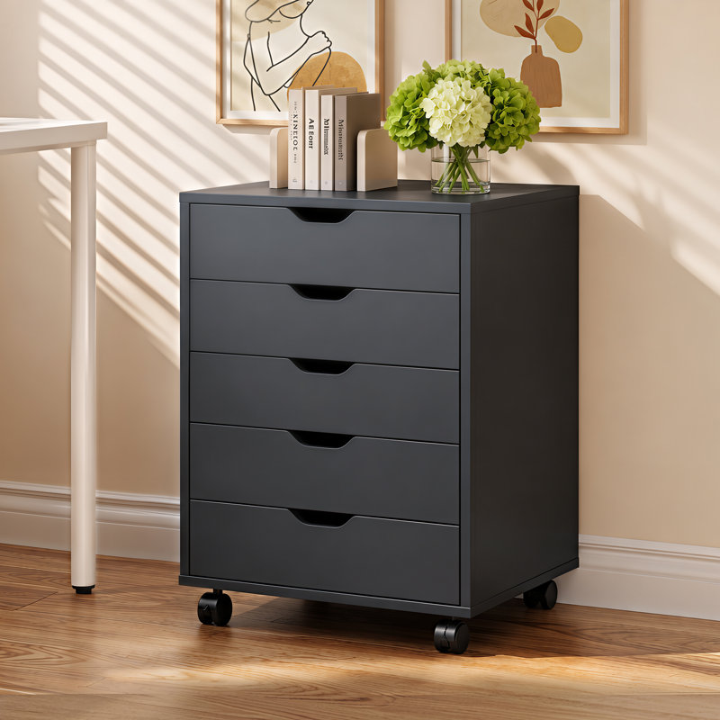 Arijus 18.7" Wide 5-Drawer Wood Filing Cabinet with Lockable Wheels, Under Desk Cabinet for Home Office, Black File Cabinet