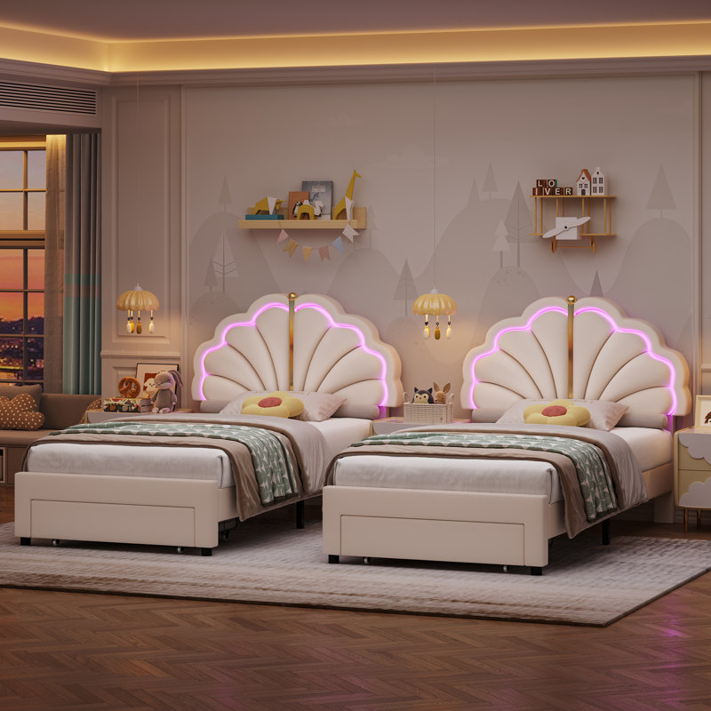 Upholstered Platform Bed with LED Lights and Drawers, Twin, White