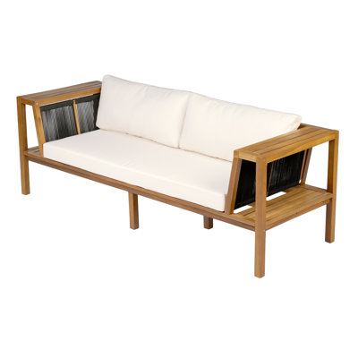 Teak Finish Acacia Wood Outdoor Daybed Sofa Set with Black Woven Rope &  Water Resistant Cushions, 800 LBS Weight Capacity, 2-Seater Patio Bench for Garden Pool Backyard