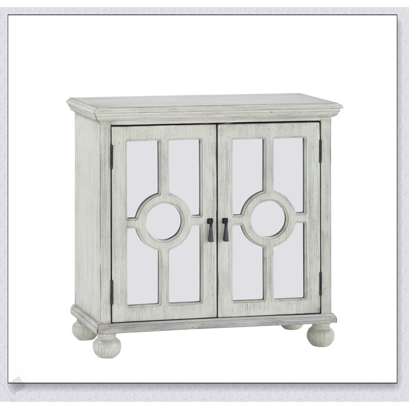 Classic Storage Cabinet with Antique White Finish, Mirror Doors, and Pendant Pulls for Modern Traditional Decor