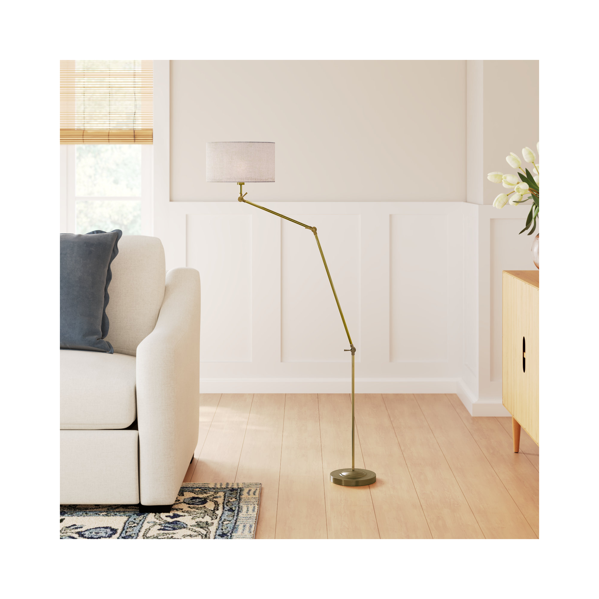 65.25'' Dimmable Swing Arm Floor Lamp, Antique Brass, Cream Textured Fabric