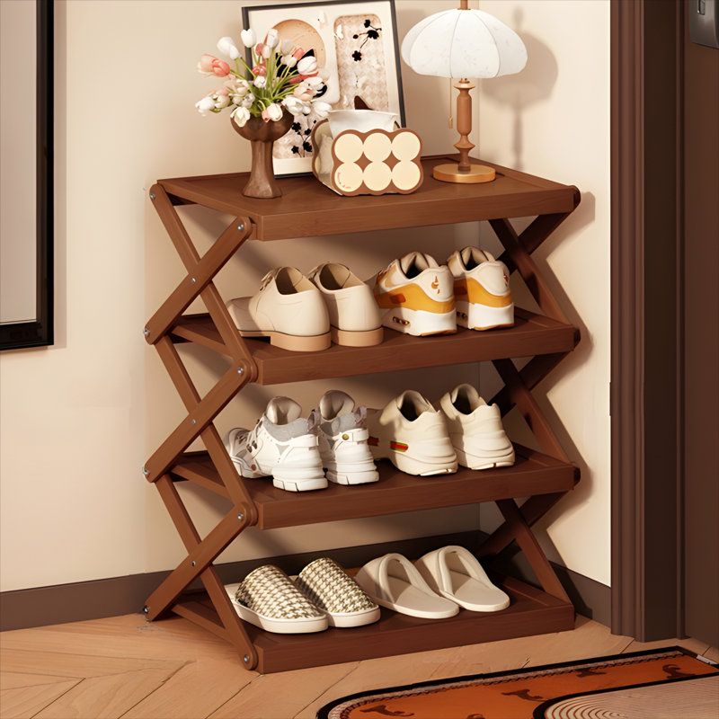 Foldable Under-Desk Shoe Rack - Chinese Retro Style Multi-Layer Space-Saving Storage Shelf, Easy Pull-Out Design