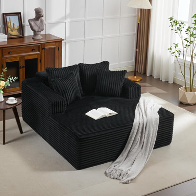 61" Oversized Corduroy Chaise Lounge Chair Upholstered Deep Seat Sofa Bed with USB Ports & Pillows Armrests Sleeper Couch, No Assembly